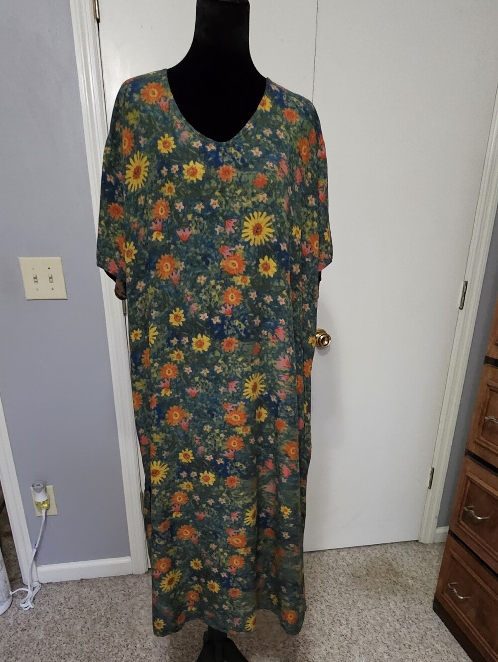 NATURAL LIFE Green Maxi Dress with Yellow and Orange Floral Print